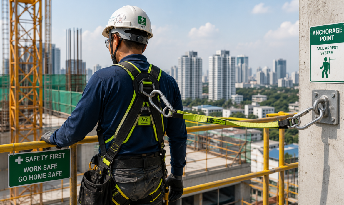 Worker using fall arrest equipment alongside guard-rails on a Singapore worksite