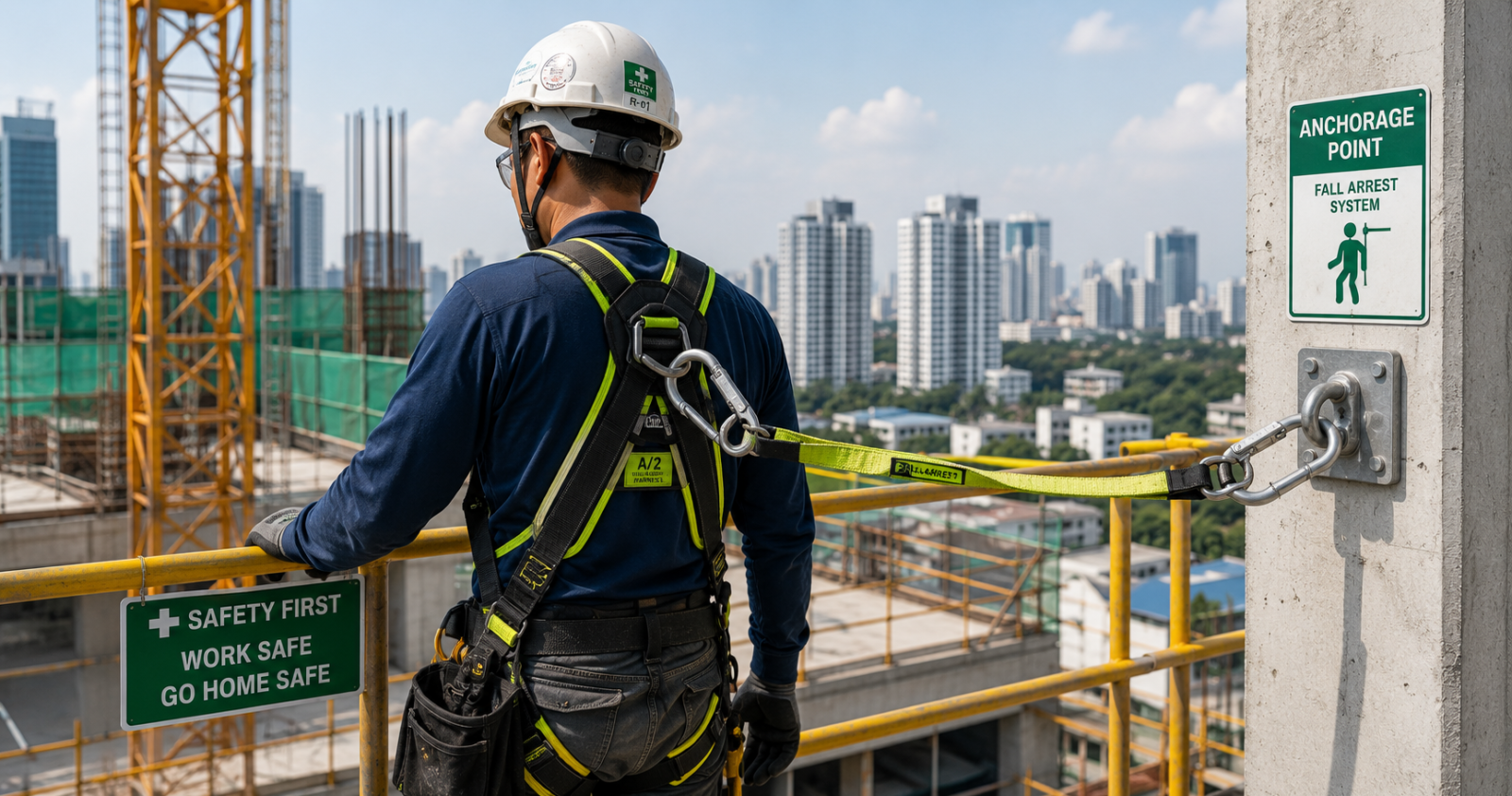 Worker using fall arrest equipment alongside guard-rails on a Singapore worksite