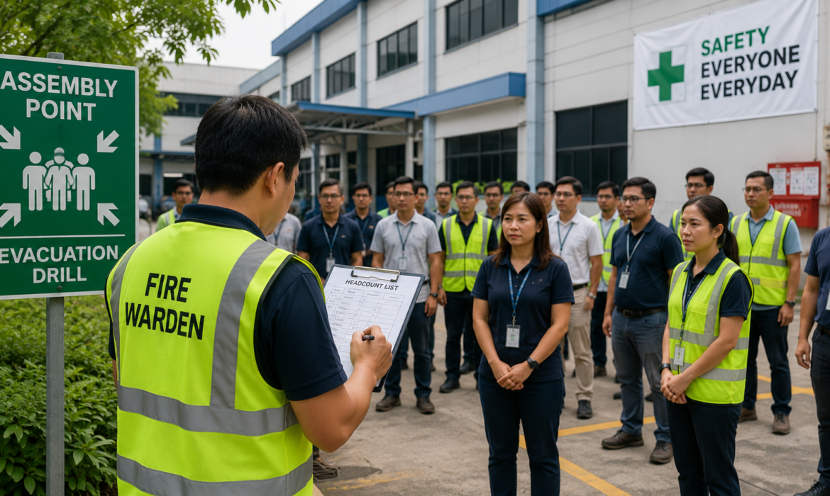 Workplace evacuation drill with fire warden conducting headcount at assembly point in Singapore