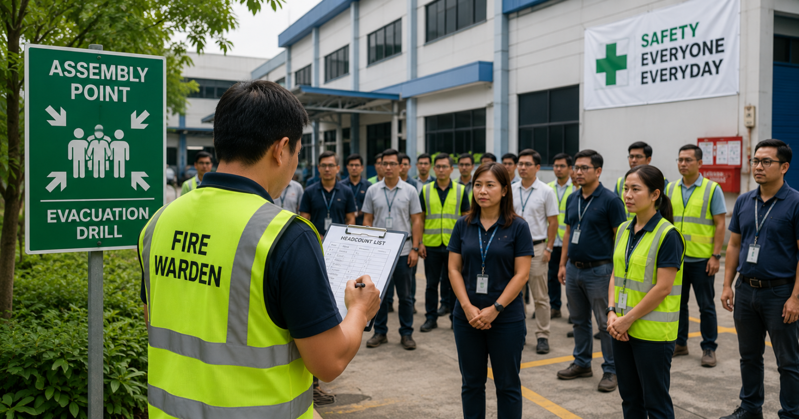Workplace evacuation drill with fire warden conducting headcount at assembly point in Singapore