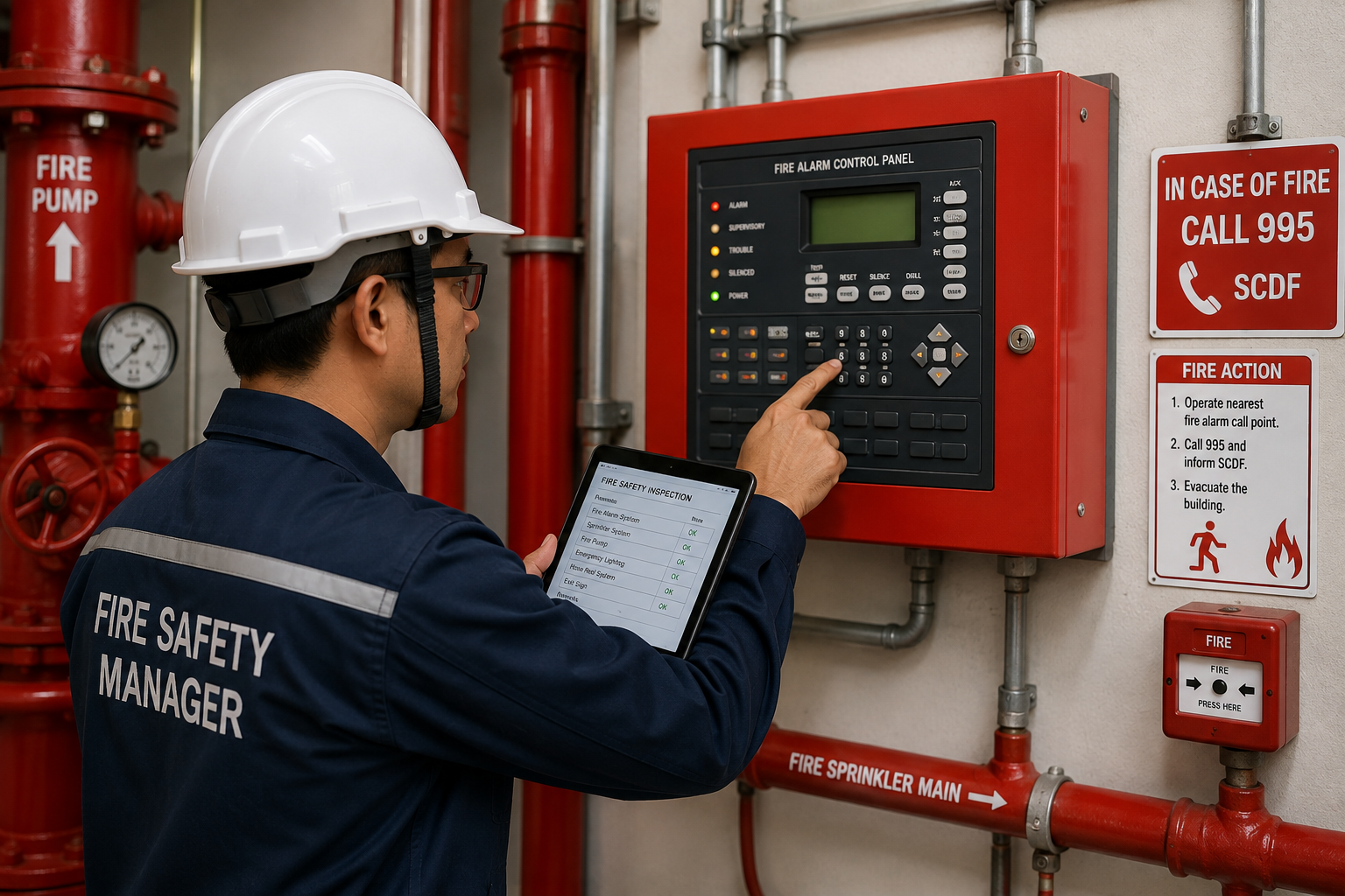 Fire Safety Manager conducting a scheduled fire safety systems inspection in Singapore