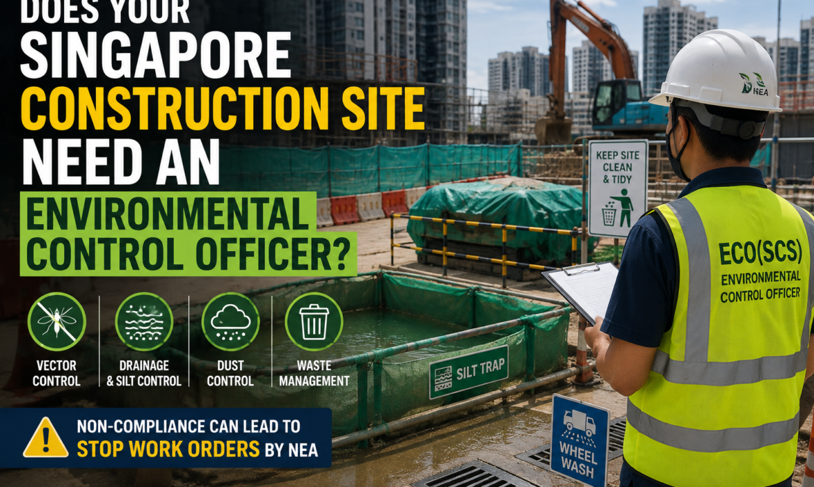 Singapore construction site with an Environmental Control Officer inspecting environmental controls, including a silt trap, wheel wash, drainage, dust and waste management.