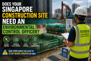 Singapore construction site with an Environmental Control Officer inspecting environmental controls, including a silt trap, wheel wash, drainage, dust and waste management.