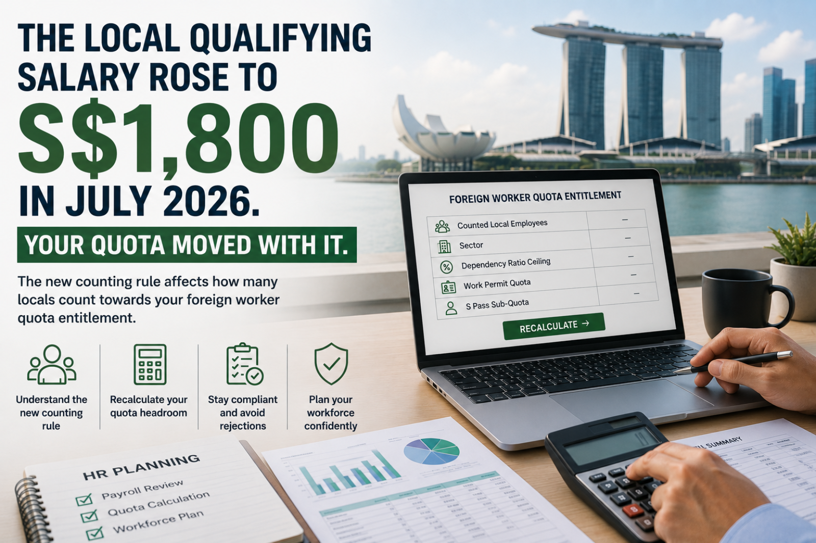 HR team recalculating foreign worker quota entitlement after the Local Qualifying Salary change