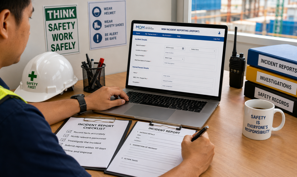 Site supervisor completing a workplace incident report for submission to MOM