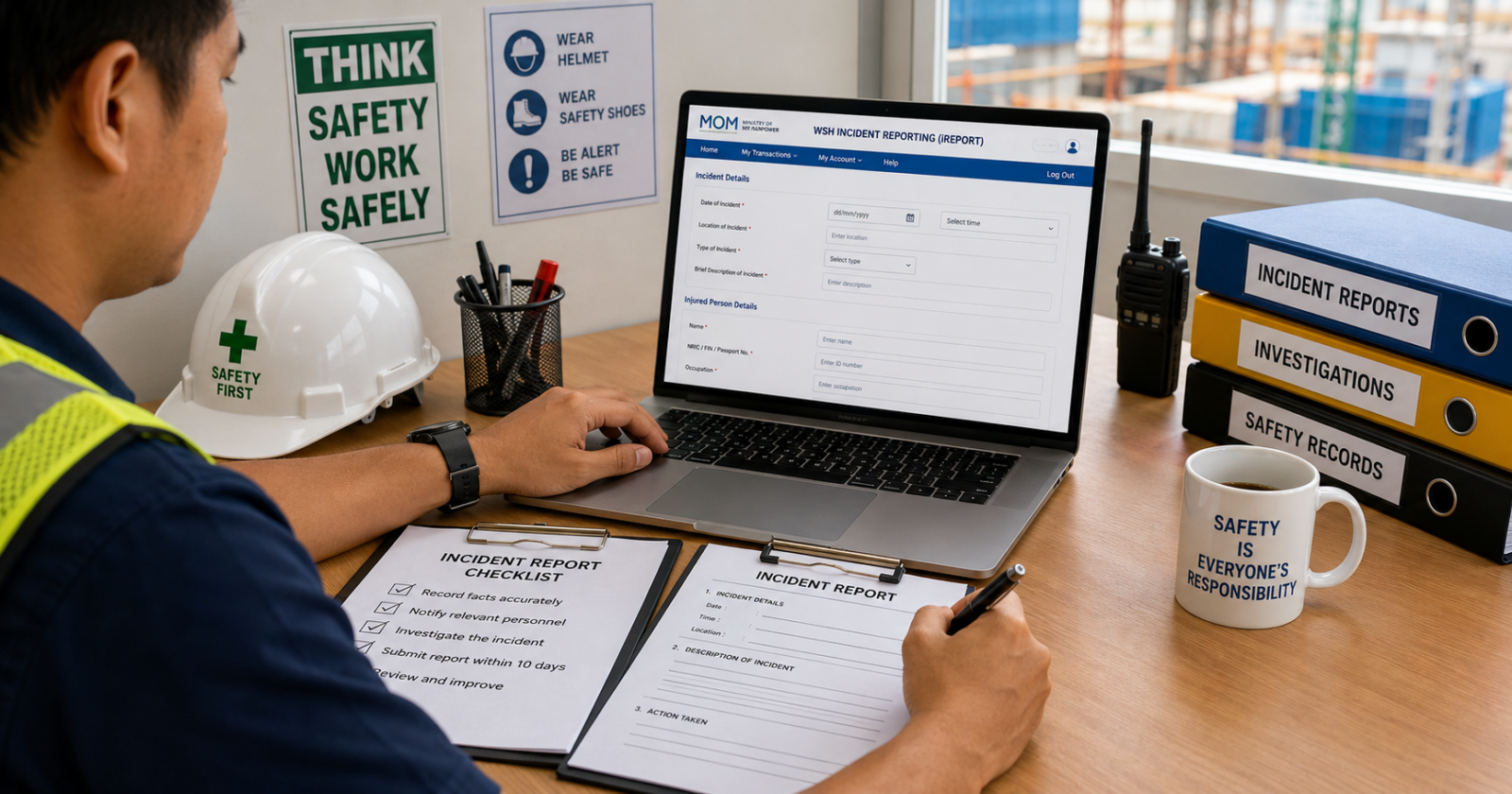 Site supervisor completing a workplace incident report for submission to MOM
