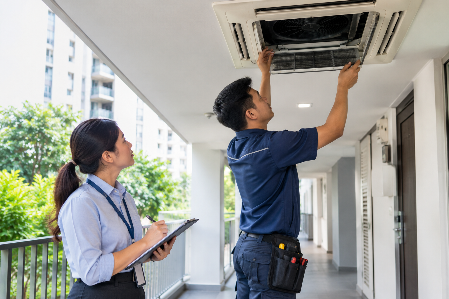 Property executive and technician inspecting an air-conditioning unit in a condominium corridor