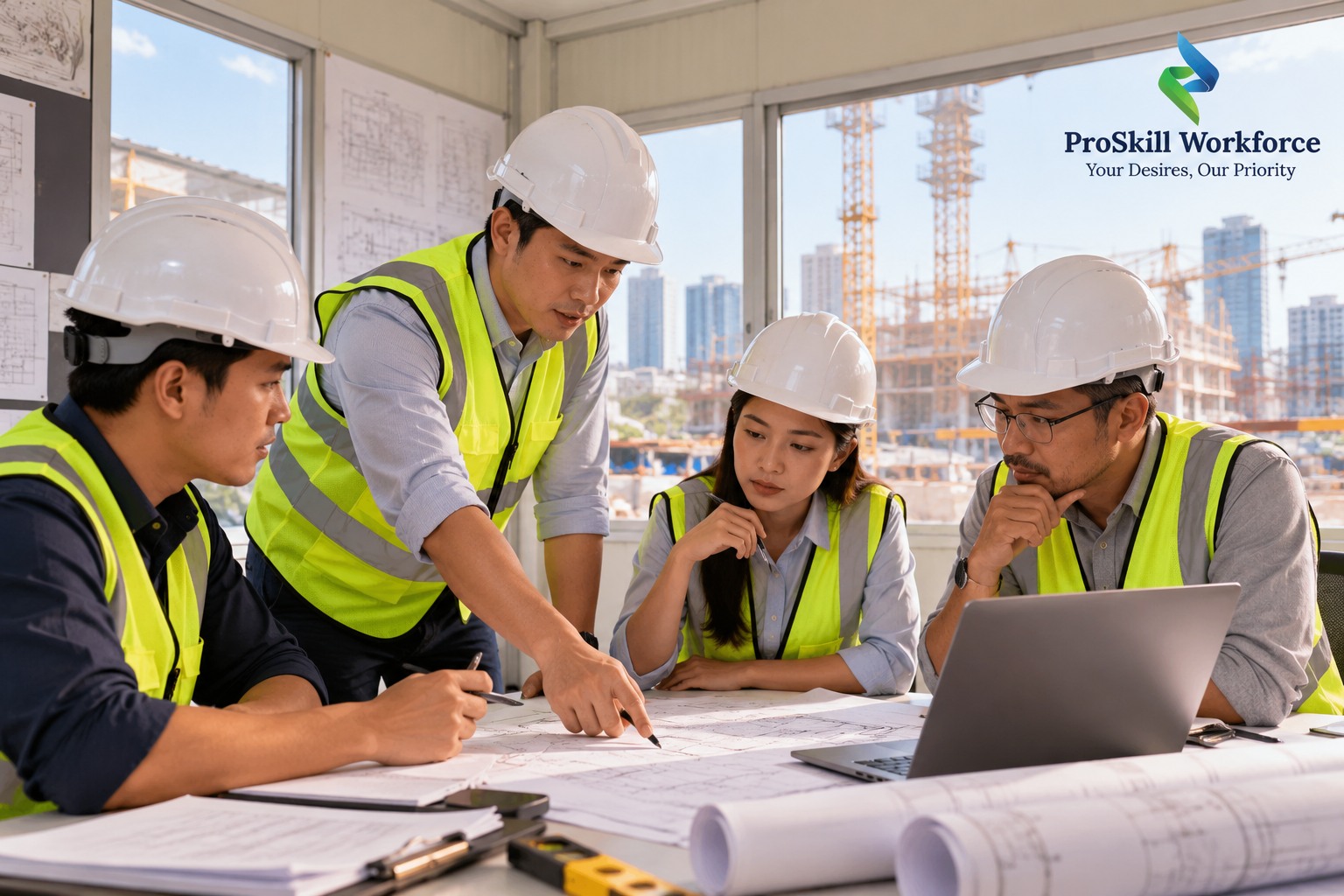 Project team meeting around drawings in a construction site office