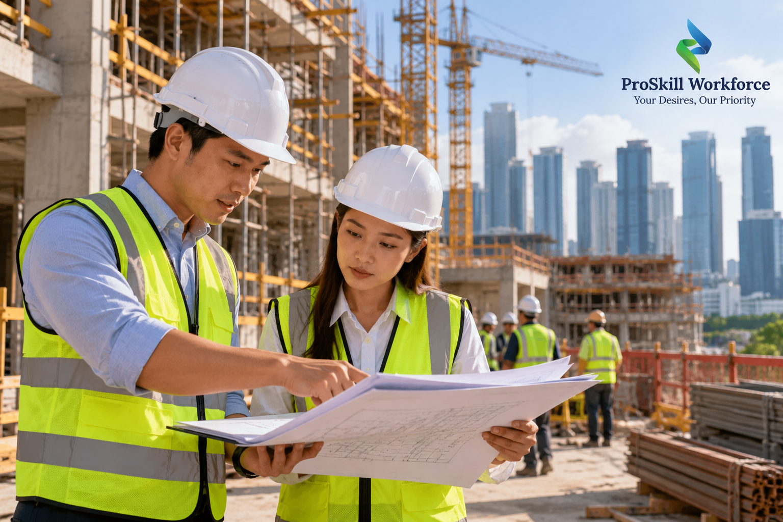 Engineer marking up construction plans next to a laptop with a project programme