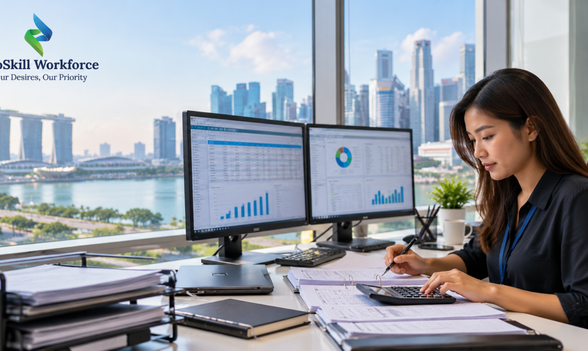 Accounts executive working at a desk in a Singapore office
