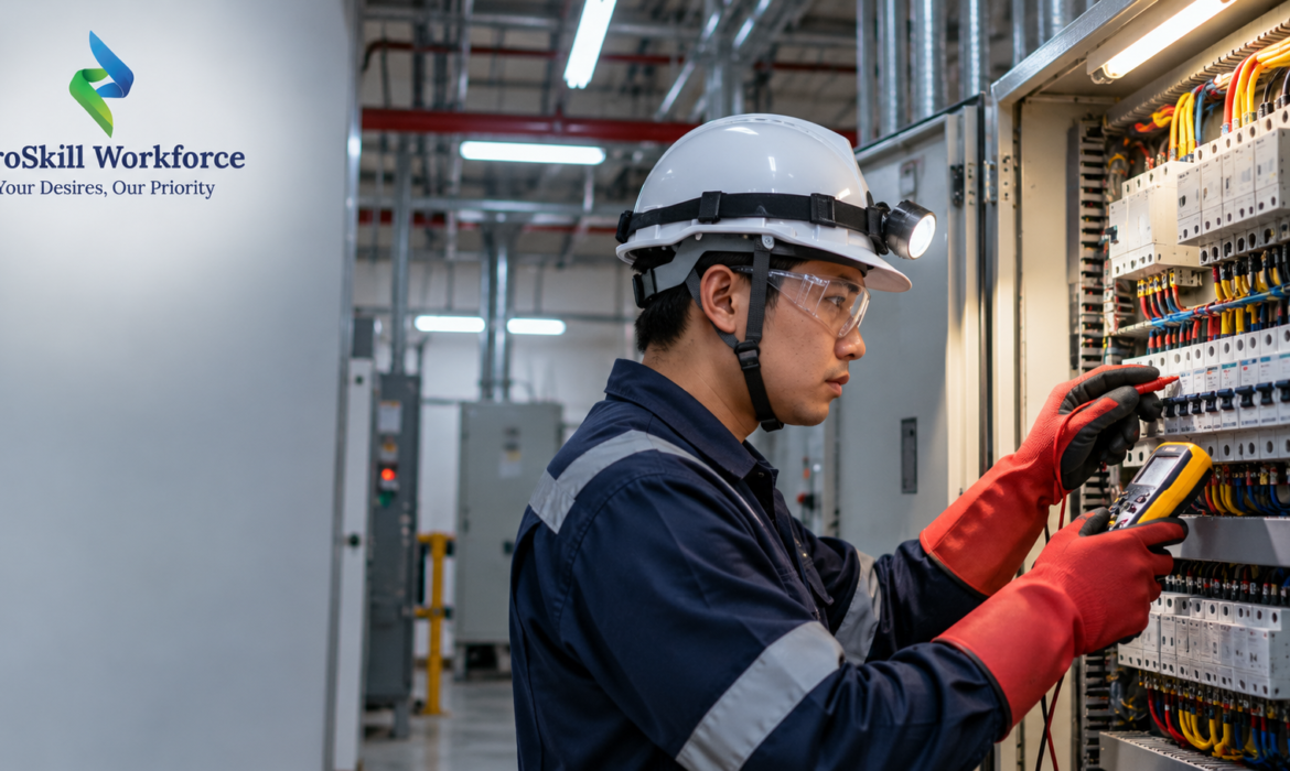 Electrician inspecting a distribution board in a Singapore commercial building
