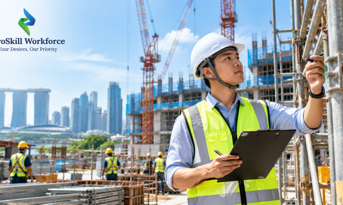 Workplace safety and health officer inspecting a Singapore construction site