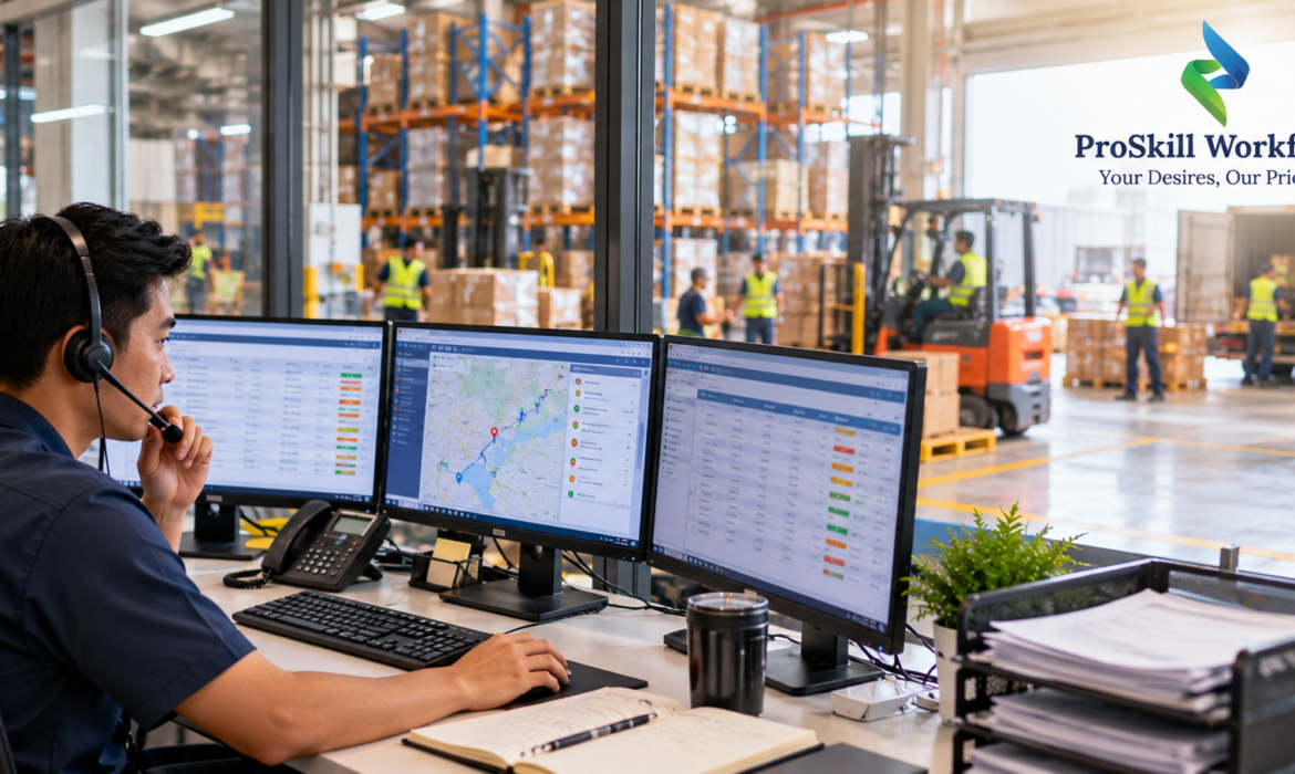 Operations executive at a dispatch desk overlooking a warehouse