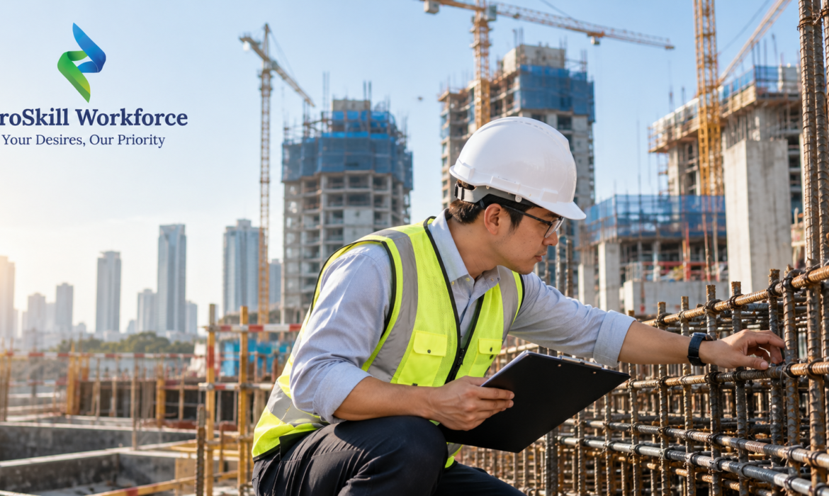Resident engineer inspecting reinforcement steel at a Singapore construction site
