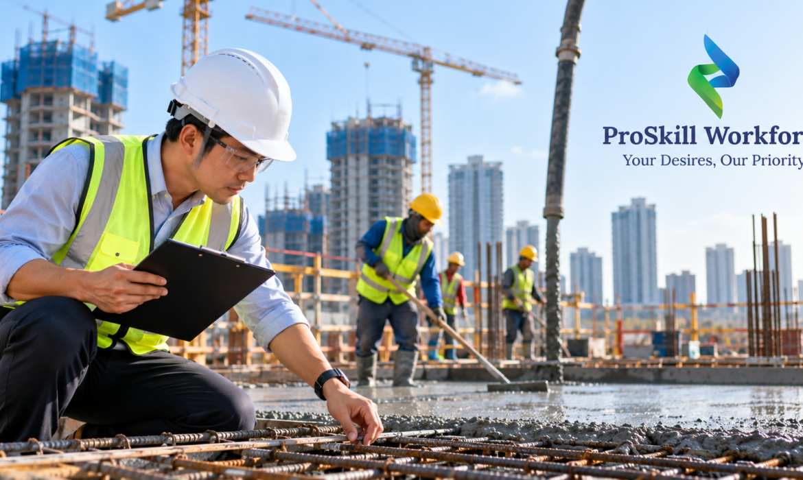 Resident technical officer checking a slab pour at a Singapore construction site