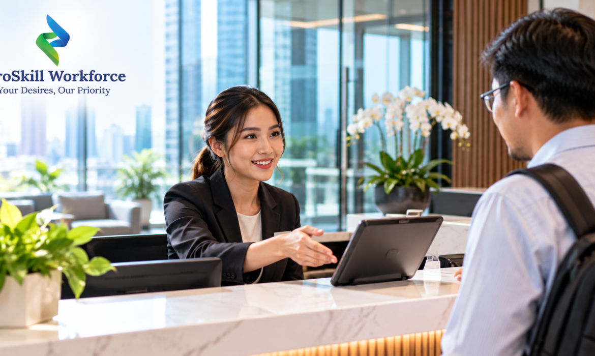 Front desk receptionist greeting a visitor in a Singapore office