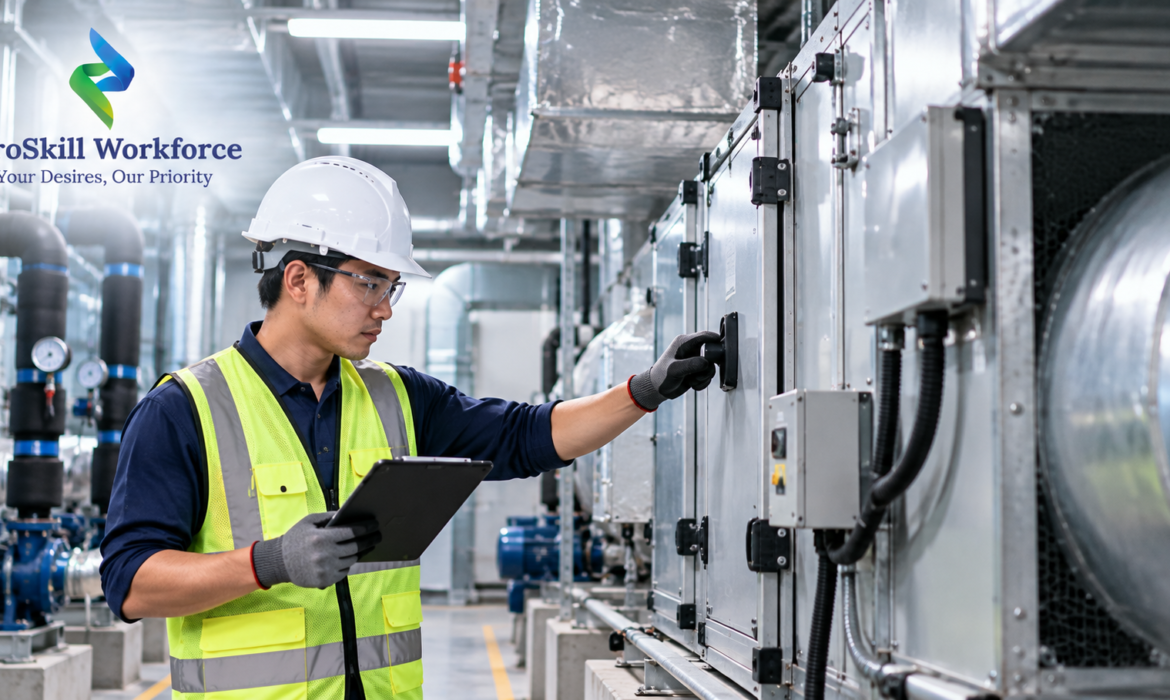 M&E technician checking an air-handling unit in a building plant room