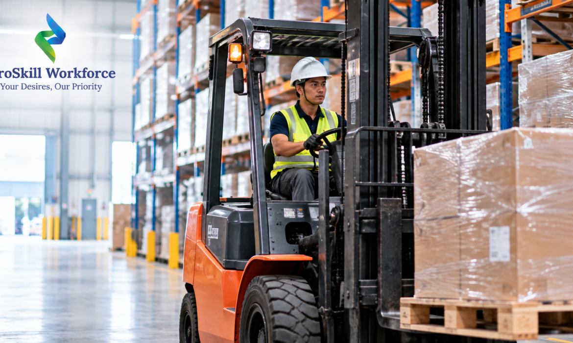 Forklift operator driving a loaded forklift in a Singapore warehouse aisle
