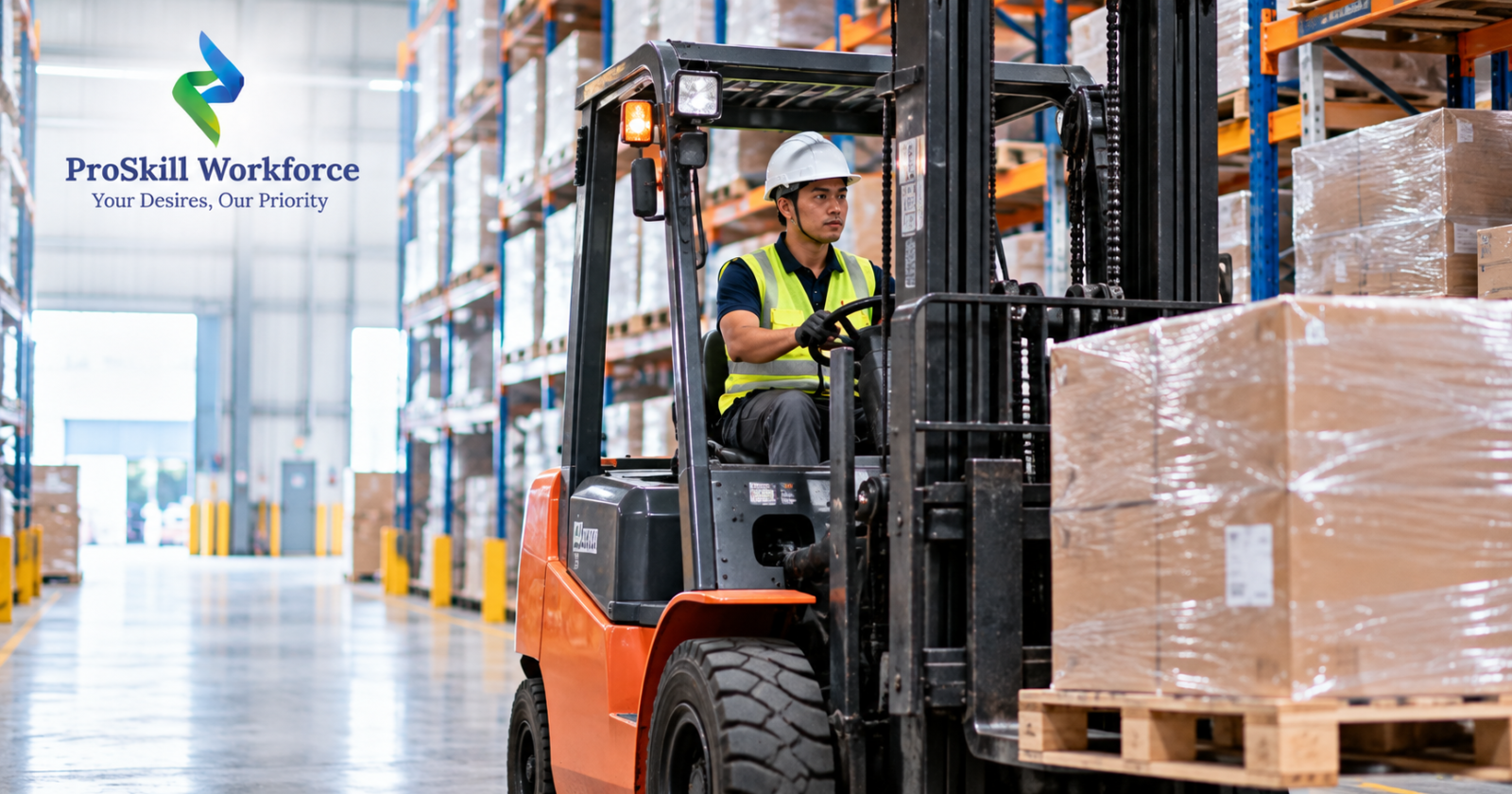 Forklift operator driving a loaded forklift in a Singapore warehouse aisle