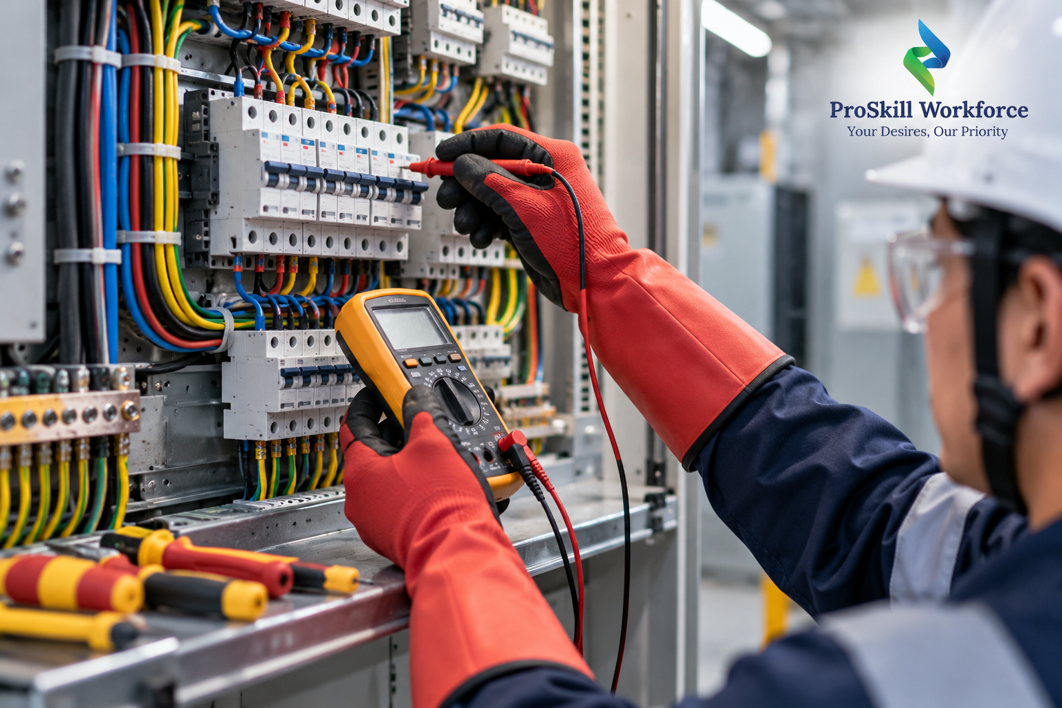 Test meter being used on a circuit breaker in an electrical panel