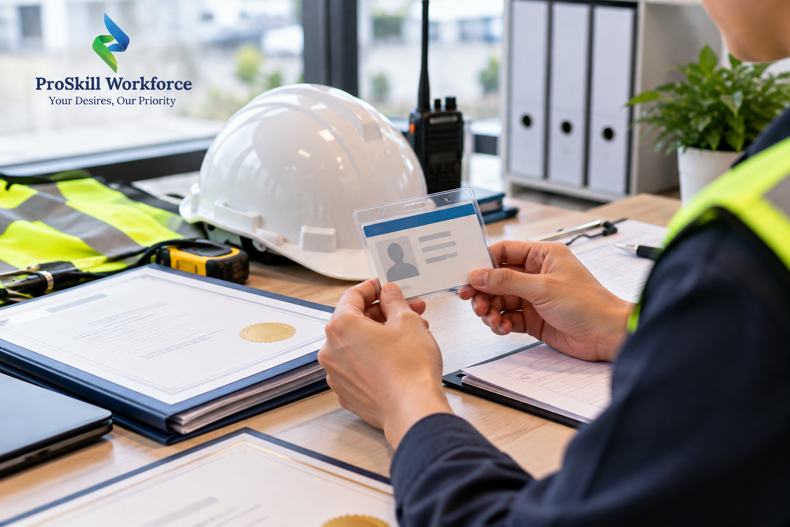 Safety professional holding an ID card beside certificates and a hard hat