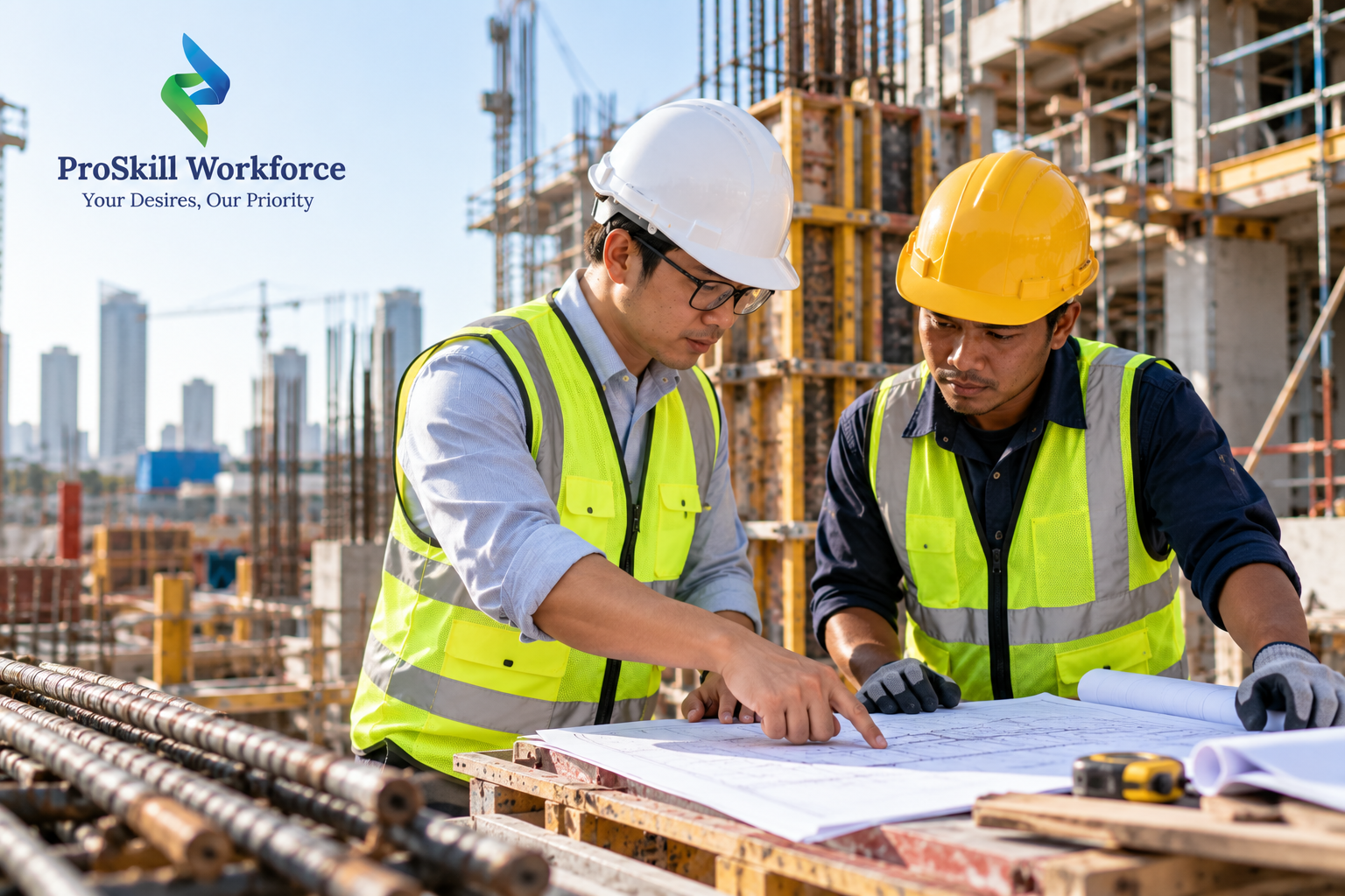 Resident engineer and foreman reviewing a structural drawing beside formwork
