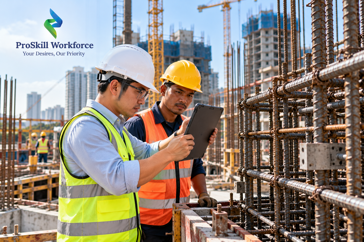 Resident technical officer recording rebar inspection on a tablet at a construction site