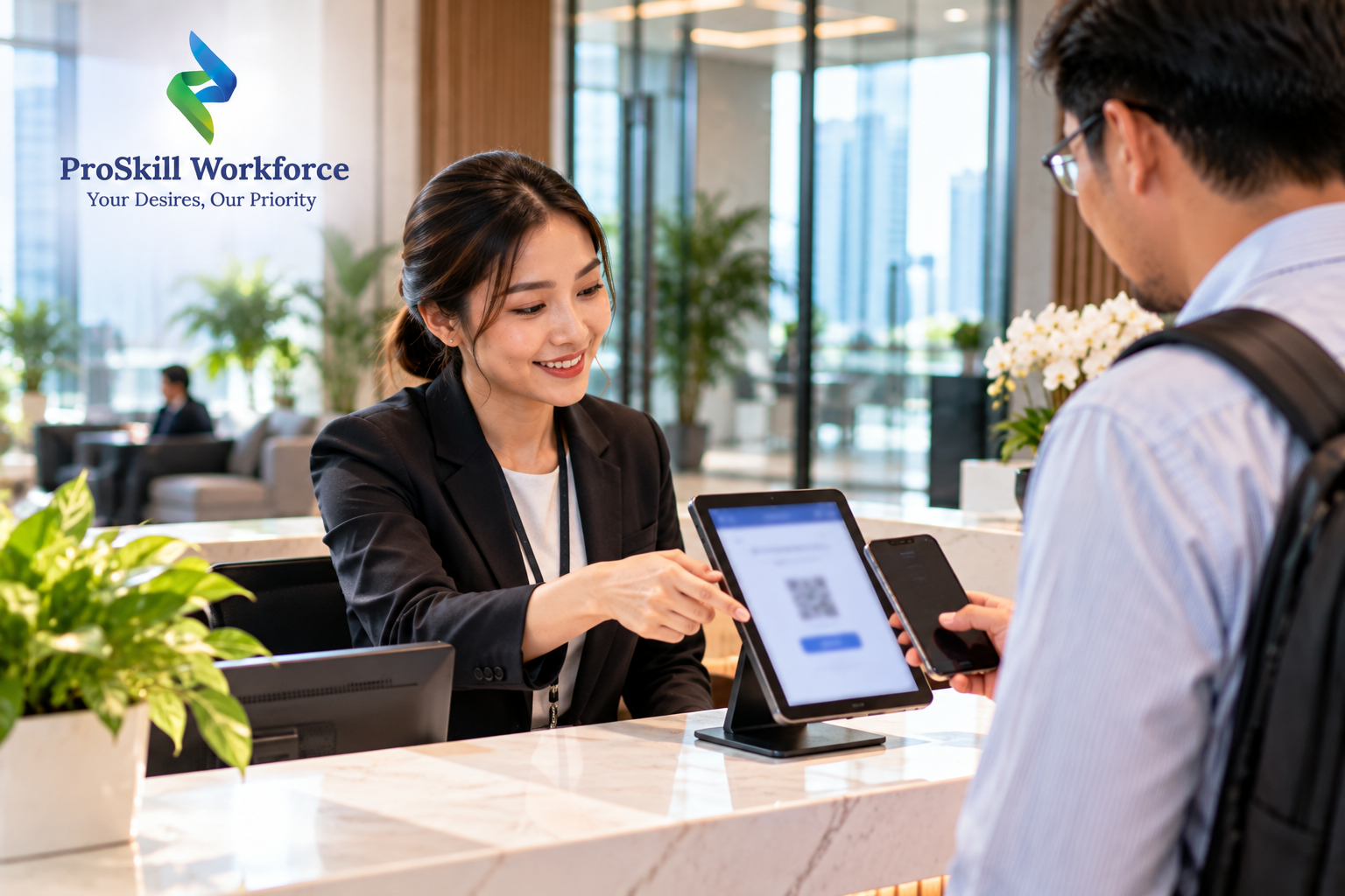Tablet visitor check-in on a reception counter in an office lobby