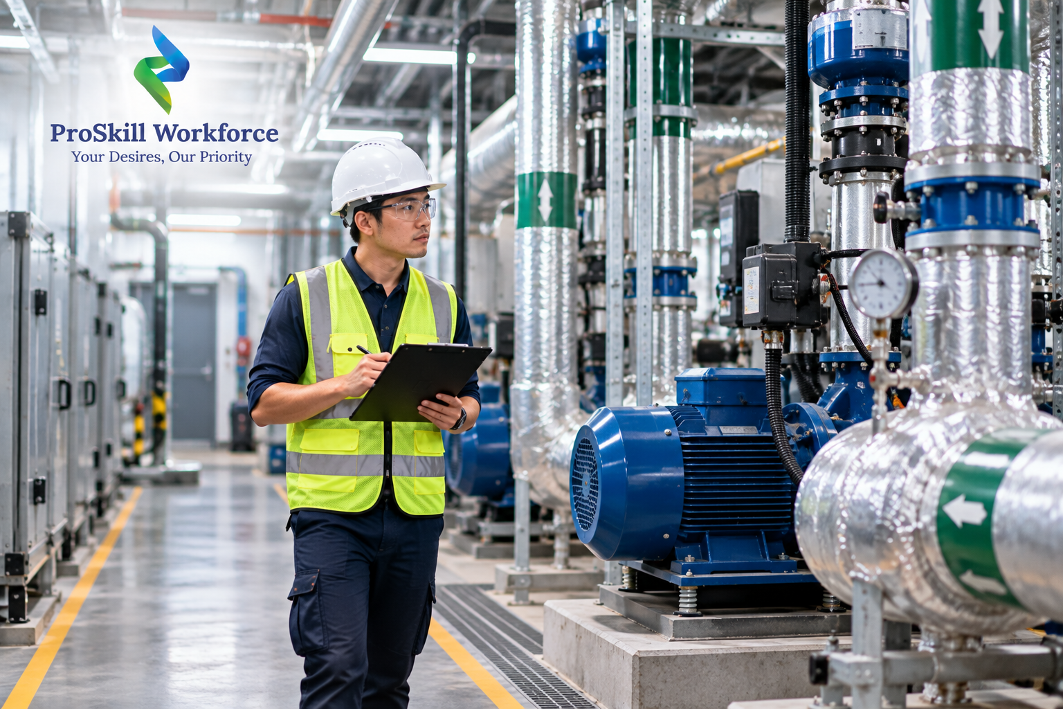 Technician inspecting chilled water pipes and pumps in a plant room