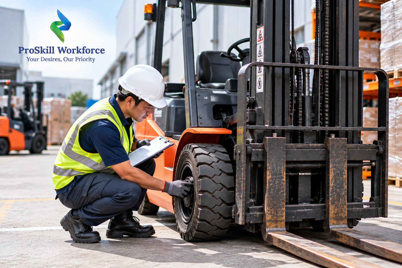 Forklift operator inspecting a forklift before use