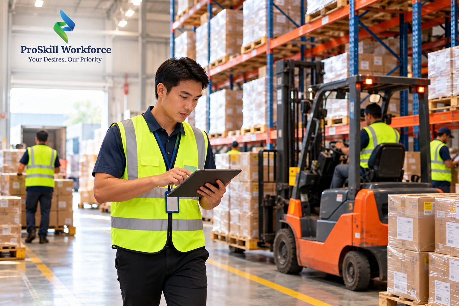 Supervisor with a tablet on a warehouse floor beside forklifts