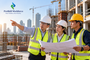 Accreditation certificates, hard hat and laptop on a site-office desk