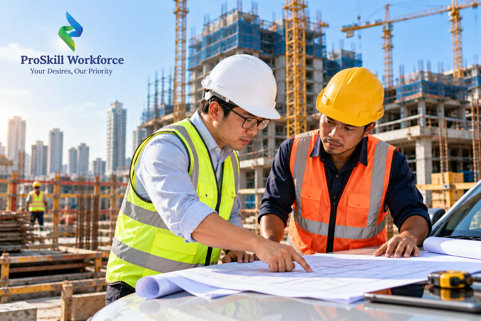 Two site professionals reviewing a structural drawing on a site vehicle