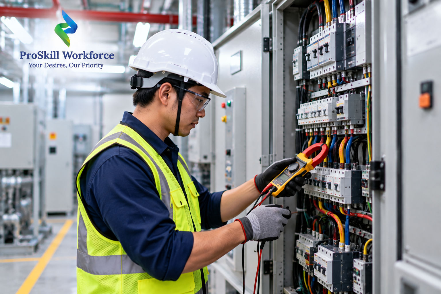 Technician measuring current on a distribution board in an electrical room