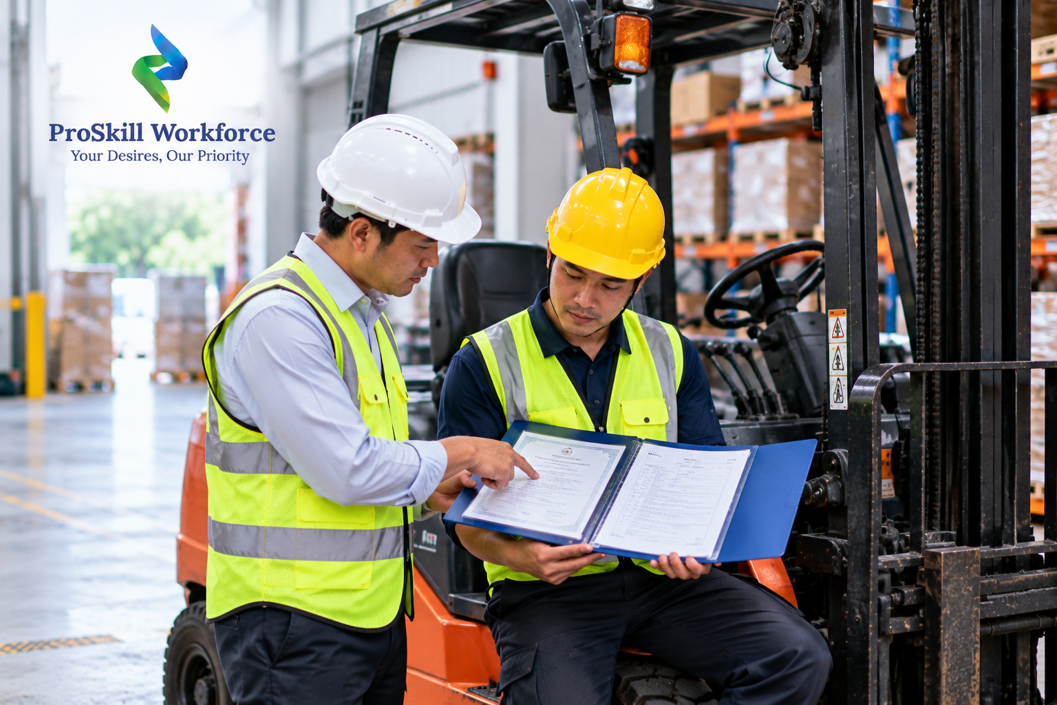 Supervisor and forklift operator reviewing training records beside a forklift