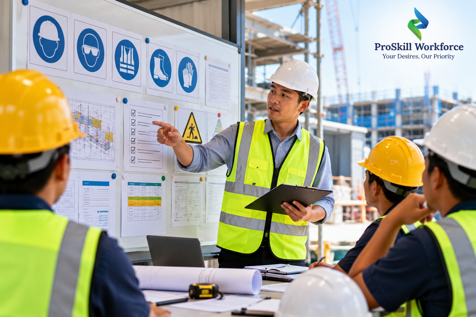 Safety officer leading a toolbox briefing for workers on site