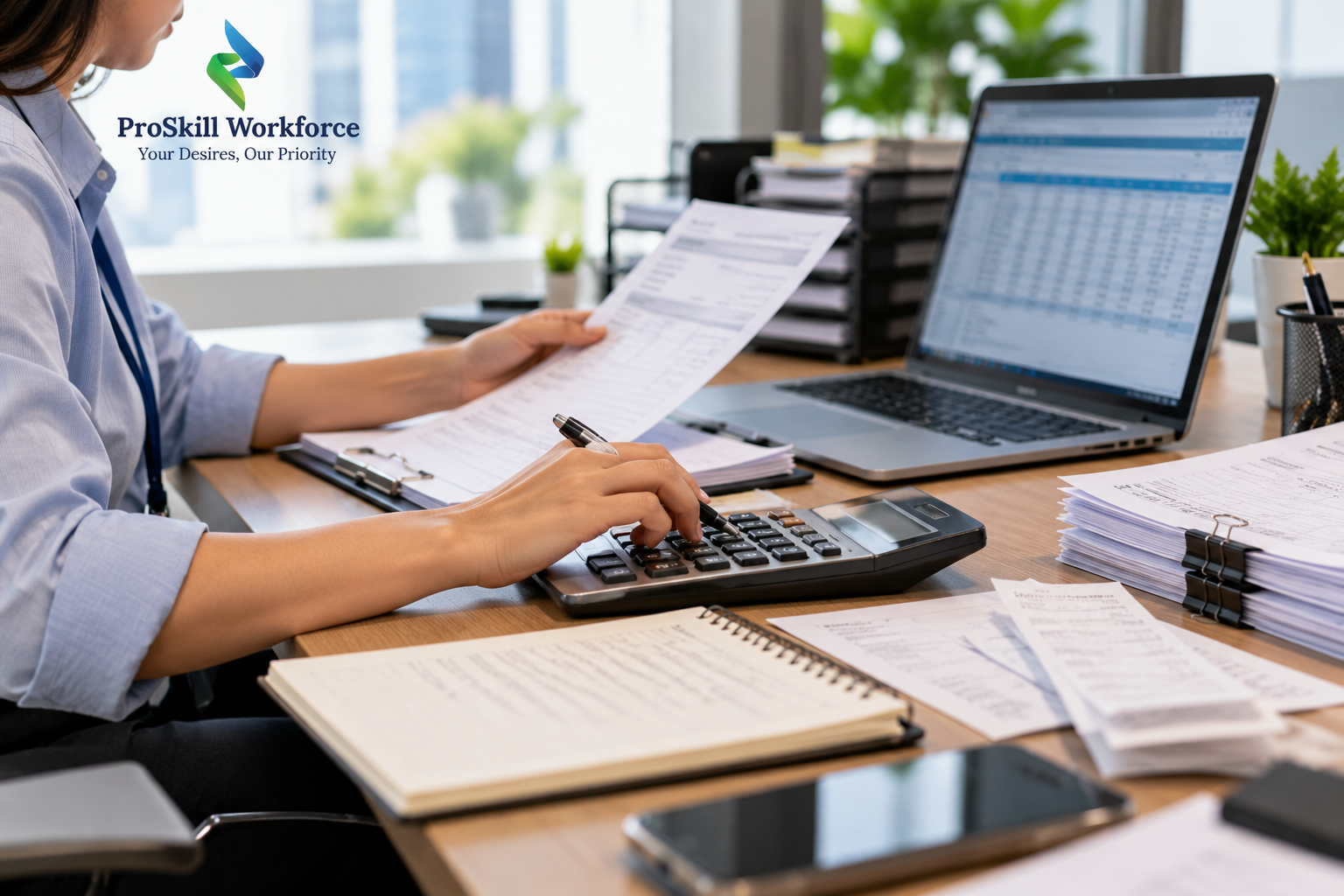 Accounts staff reconciling invoices with a calculator and laptop