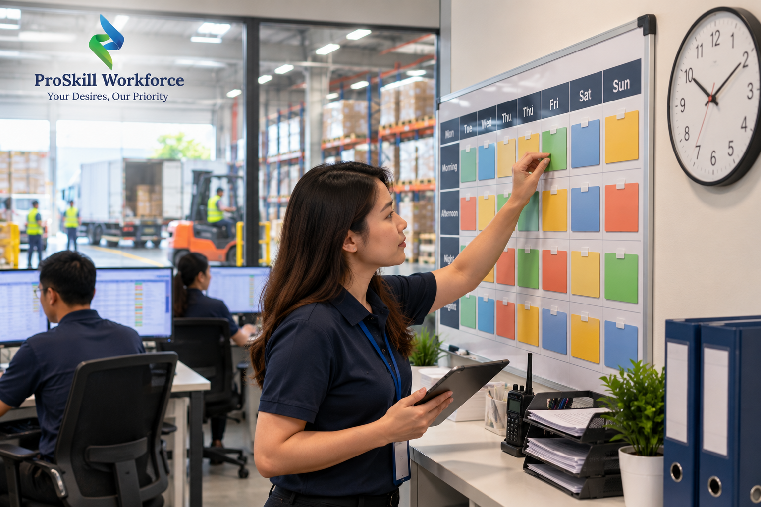 Shift roster board and wall clock in a logistics operations office